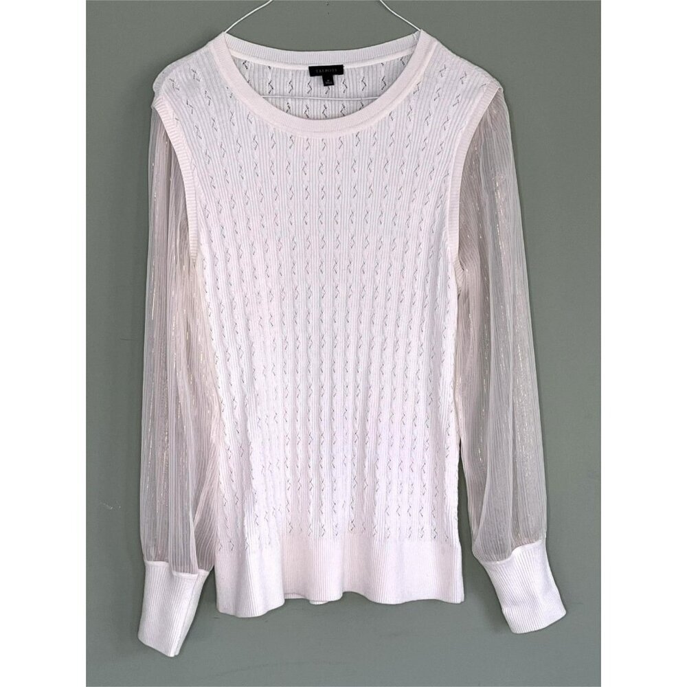 Talbots Preppy Cottage Cable Knit Pointelle Sweater Ivory Dainty sz M Sheer Slv